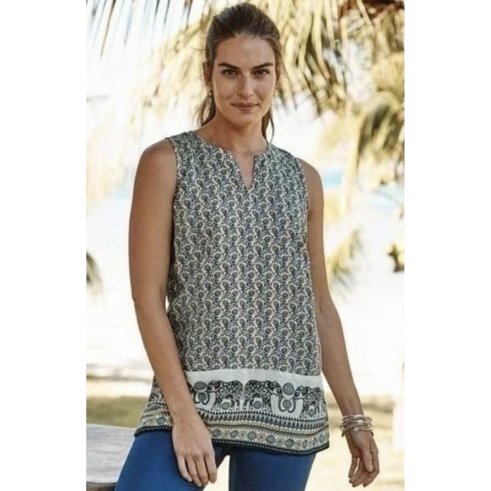 J. Jill Love Linen Sleeveless Two-Pocket 100% Linen Shirt Boho Bohemian Hippie